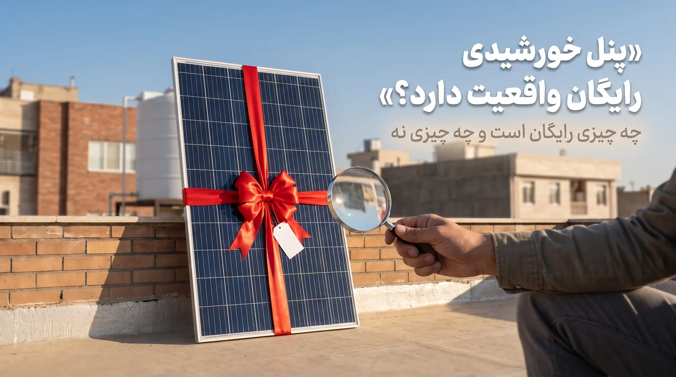 پنل خورشیدی با روبان قرمز کادو روی پشت‌بام و دستی با ذره‌بین که آن را بررسی می‌کند.