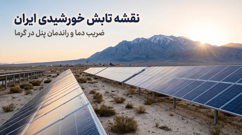 ردیف‌های پنل خورشیدی روی فلات مرتفع و خشک مرکز ایران در طلوع آفتاب، با کوه‌های برف‌نشسته و روستای کاه‌گلی با بادگیر در دوردست؛ نشانهٔ آفتاب قوی و هوای خنک که برای راندمان پنل ایده‌آل است