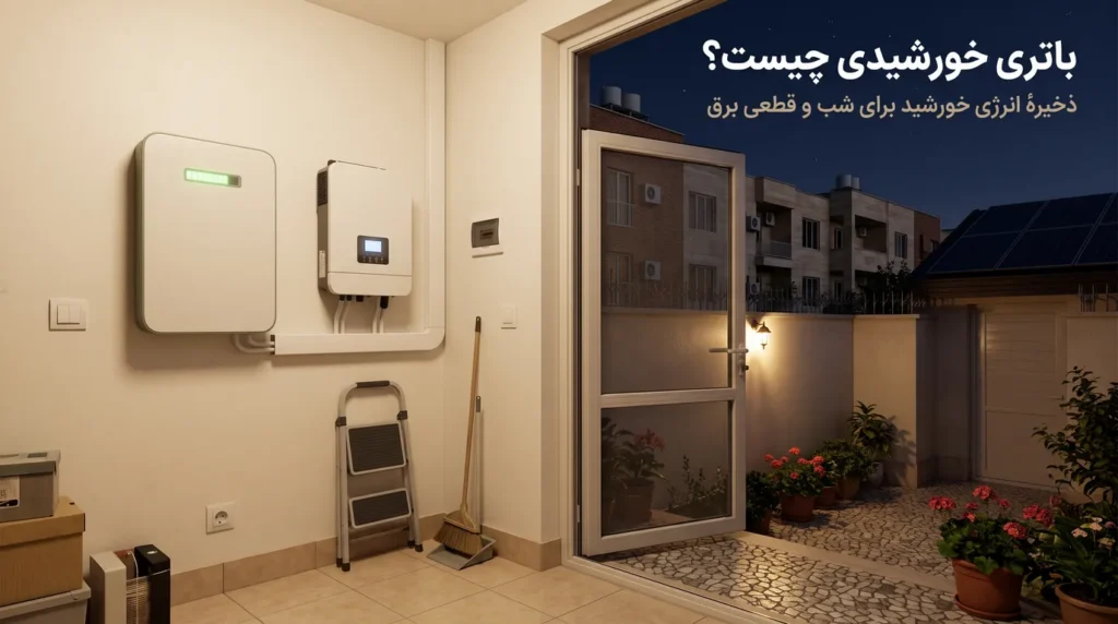 باتری لیتیومی خورشیدی دیواری و اینورتر هیبریدی در انباری یک خانهٔ معمولی ایرانی در شب خاموشی؛ در رو به حیاط با گلدان‌های شمعدانی باز است و آپارتمان‌های آجری کوچه تاریک‌اند