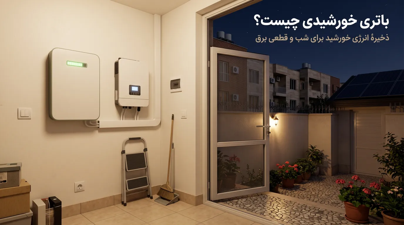 باتری لیتیومی خورشیدی دیواری و اینورتر هیبریدی در انباری یک خانهٔ معمولی ایرانی در شب خاموشی؛ در رو به حیاط با گلدان‌های شمعدانی باز است و آپارتمان‌های آجری کوچه تاریک‌اند