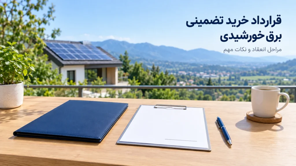 قرارداد خرید تضمینی برق خورشیدی؛ پوشه و برگهٔ قرارداد روی میز با خانهٔ دارای پنل خورشیدی در پس‌زمینه