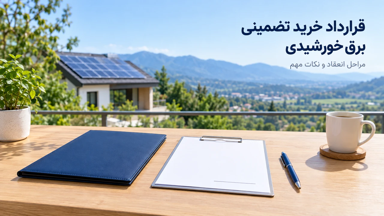 قرارداد خرید تضمینی برق خورشیدی؛ پوشه و برگهٔ قرارداد روی میز با خانهٔ دارای پنل خورشیدی در پس‌زمینه
