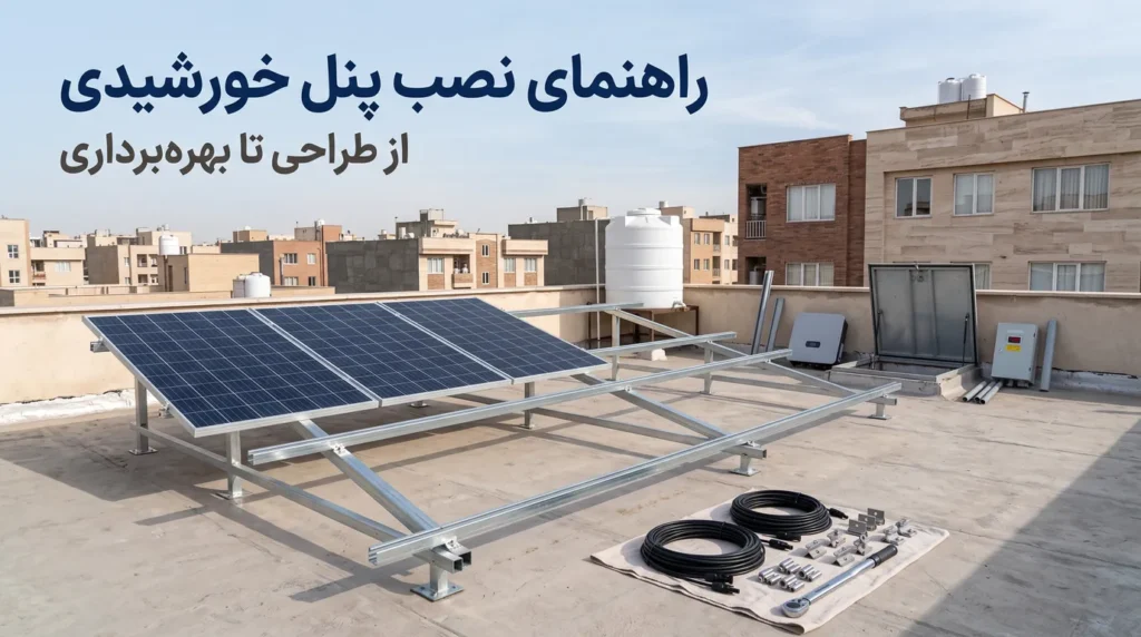 نصب پنل خورشیدی روی بام تخت یک خانهٔ معمولی ایرانی؛ ردیف اول پنل‌های خورشیدی روی سازهٔ گالوانیزه نصب شده و ریل‌های ردیف بعد خالی است، کابل DC و ابزار روی پارچه، اینورتر و تابلو حفاظتی کنار دریچهٔ بام