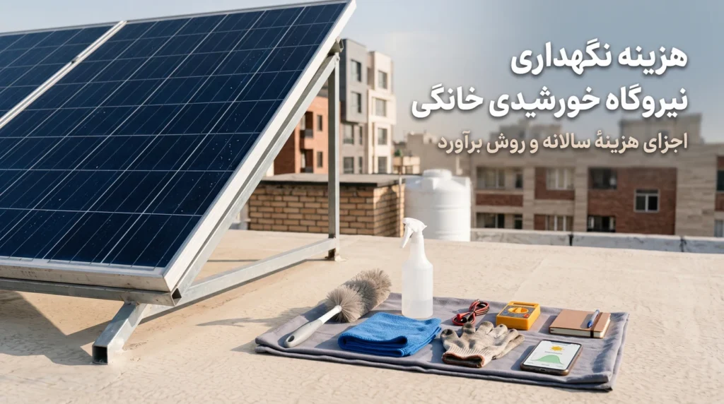 گوشهٔ پنل‌های خورشیدی تمیز روی پشت‌بام یک آپارتمان معمولی ایرانی در صبح آفتابی، با کیت مرتب نگهداری روی پارچهٔ طوسی: برس نرم، اسپری آب، دستمال میکروفایبر، دستکش، مولتی‌متر، دفترچه و گوشی با نمودار تولید برق