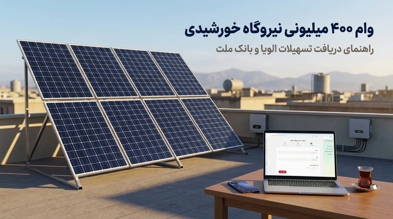 نیروگاه خورشیدی ۵ کیلوواتی خانگی با ۸ پنل روی پشت‌بام در تبریز و لپ‌تاپ با پنل آنلاین درخواست وام الویا روی میز